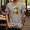 Detailní potisk oroseného skleněného půllitru s bohatou pěnou na pánském bavlněném tričku.