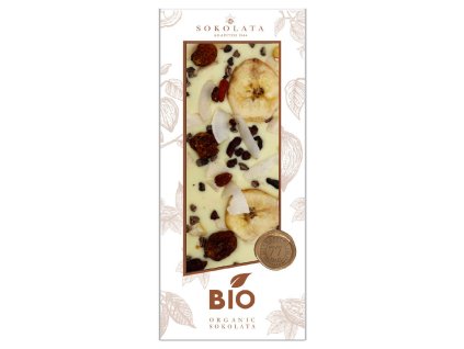 Agapitos BIO bila cokolada se safranem, bananem, kesu, goji, kokosem a kousky kakaa GreekMarket