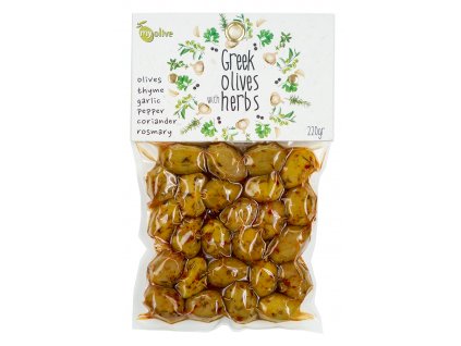 Ochucene zelene olivy s tymianem, cesnekem, peprem, koriandrem a rozmarynem My Olive Greek Market