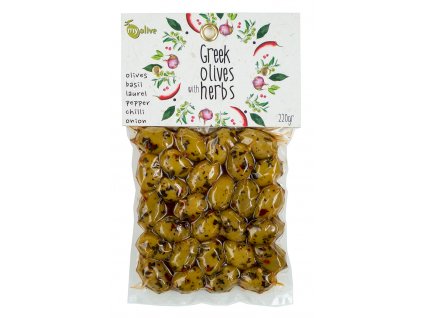 Ochucene zelene olivy s bazalkou, vavrinem, peprem, chilli a cibulkou My Olive Greek Market