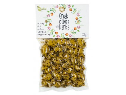 Ochucene zelene olivy s koprem, cibulkou, rajčaty a mátou My Olive Greek Market