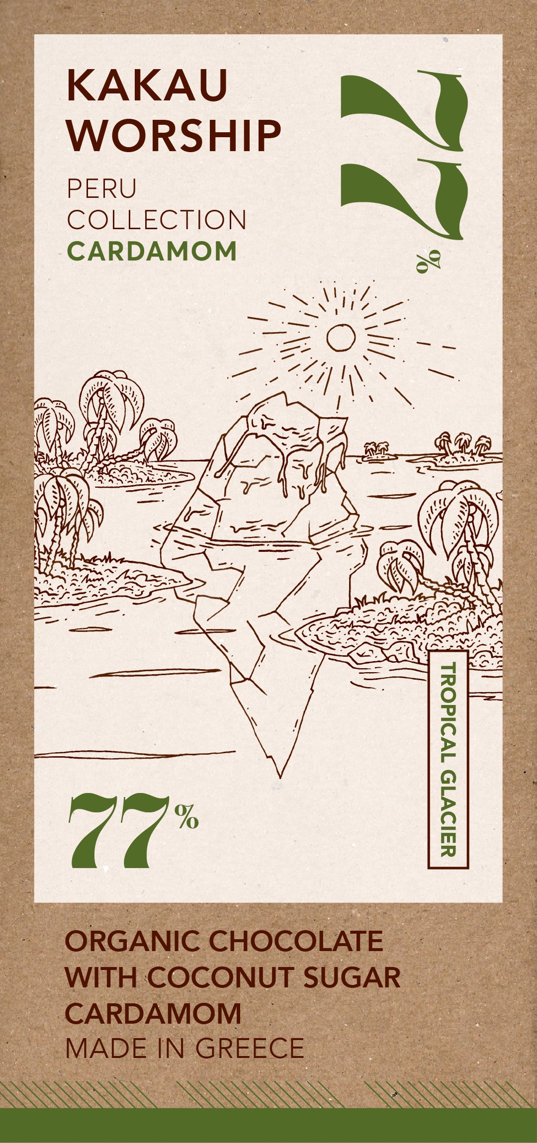 77% BIO hořká čokoláda s kardamomem TROPICAL GLACIER kolekce PERU 75g KAKAU