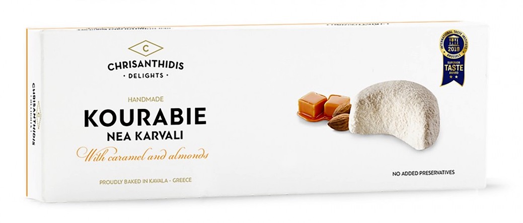 Kourabiedes tradiční řecké máslové sušenky s celými mandlemi a karamelem 200g CHRISANTHIDIS