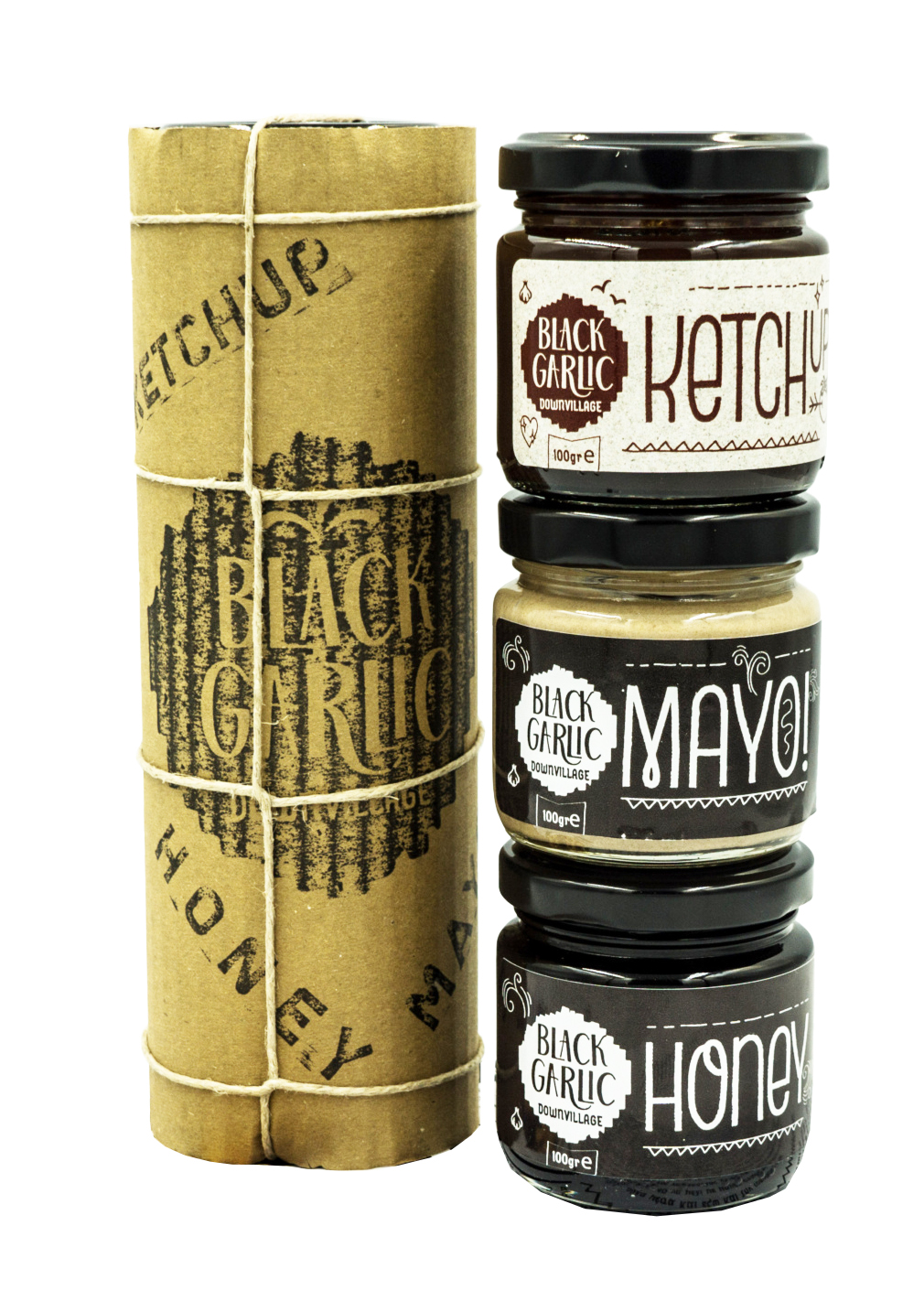 Dárkový set delikates z černého česneku - kečup, majonéza a med 300g BLACK GARLIC DOWNVILLAGE