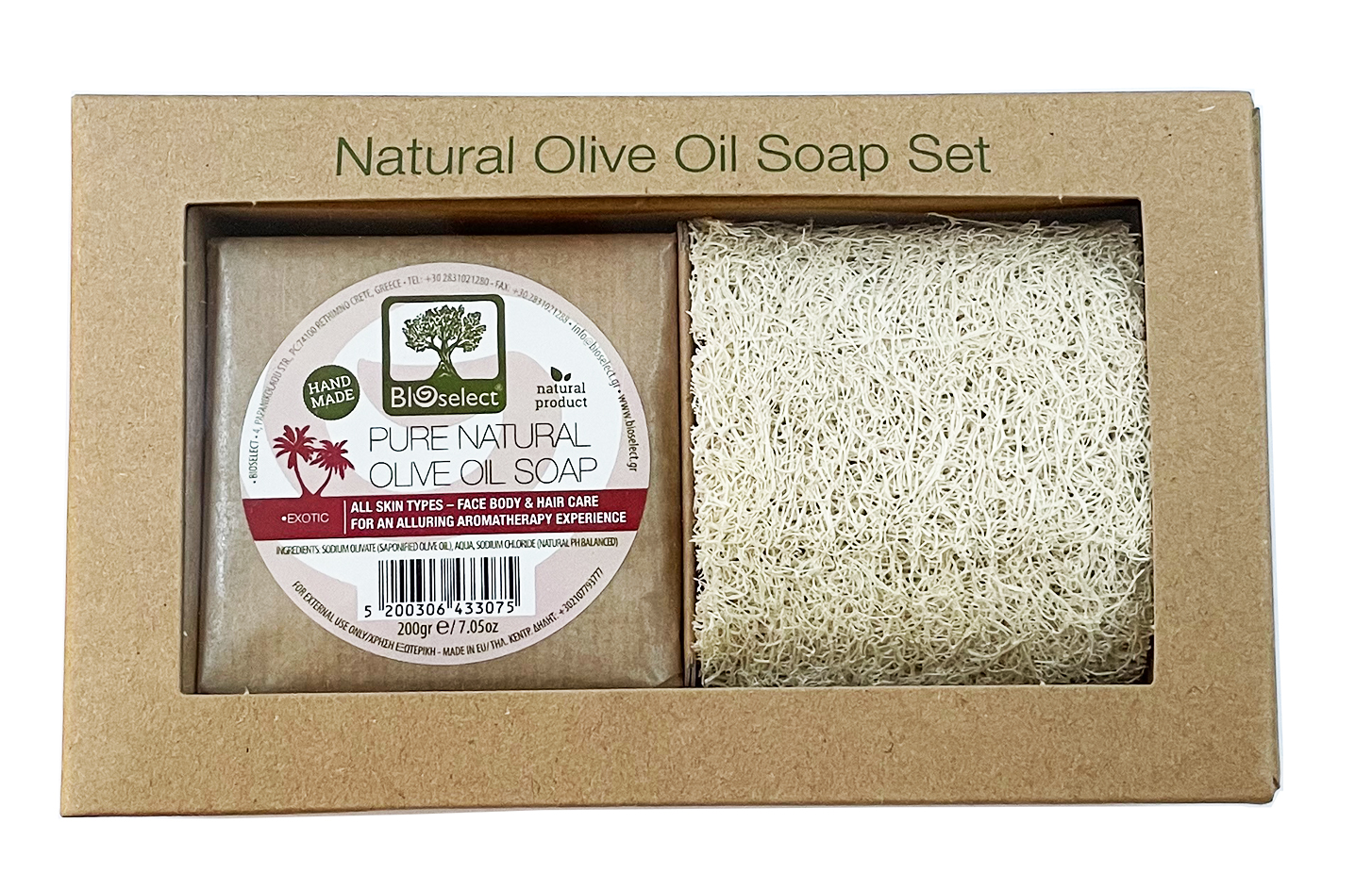 Dárkově zabalené přírodní olivové mýdlo exotic 200g s lufou BIOselect®