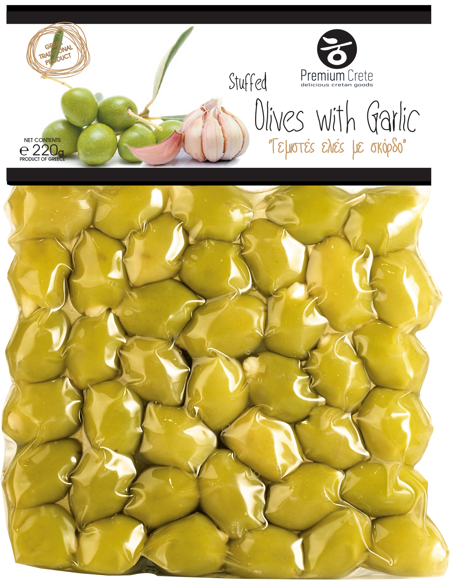 Zelené olivy plněné česnekem 220g PREMIUM CRETE