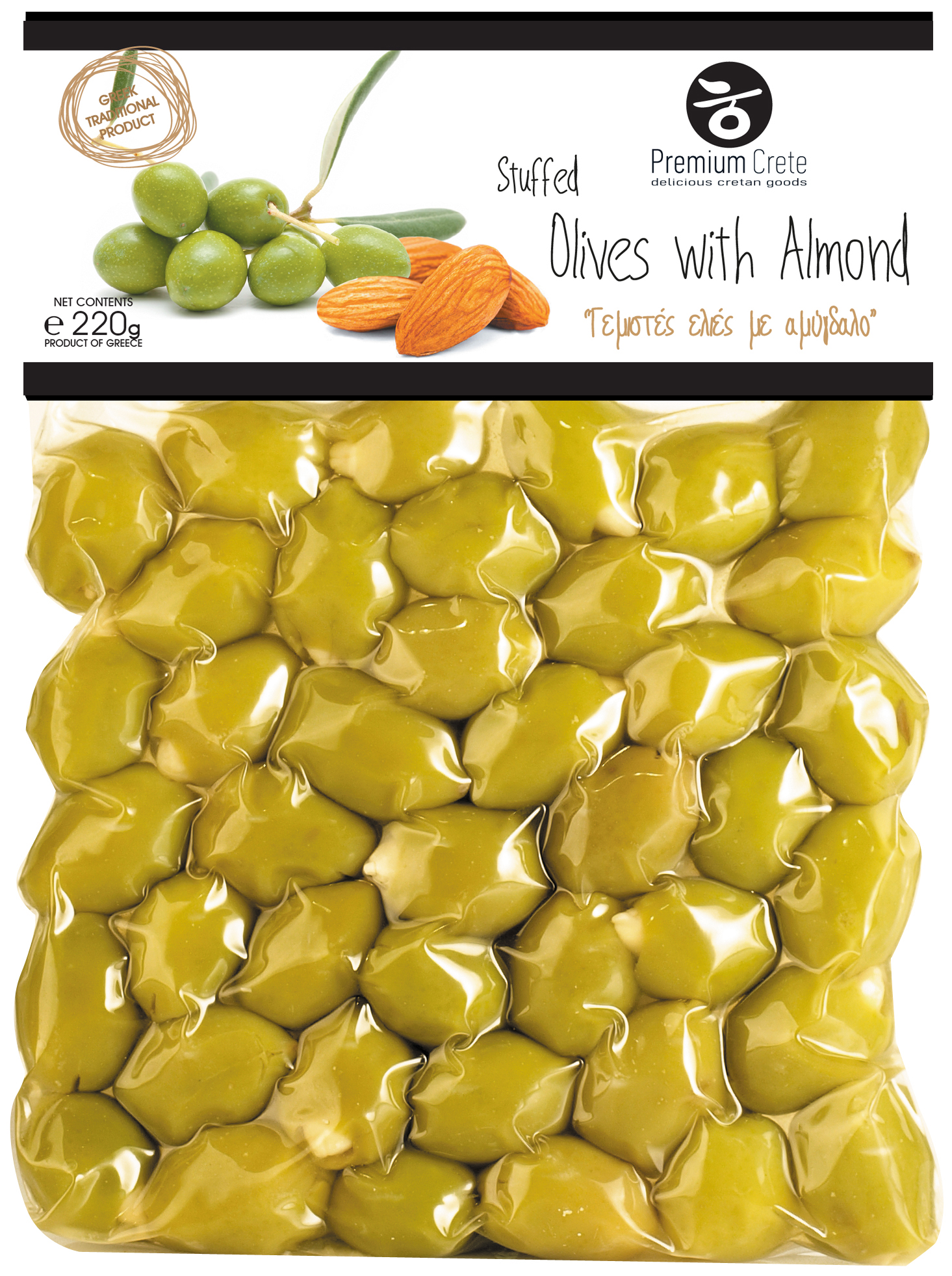 Zelené olivy plněné mandlemi 220g PREMIUM CRETE