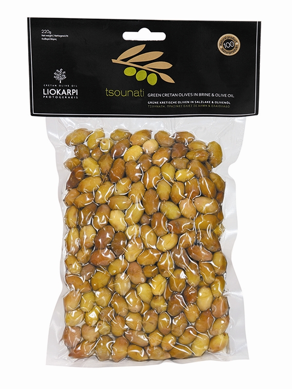 Mini zelené olivy Tsounati 220g Liokarpi