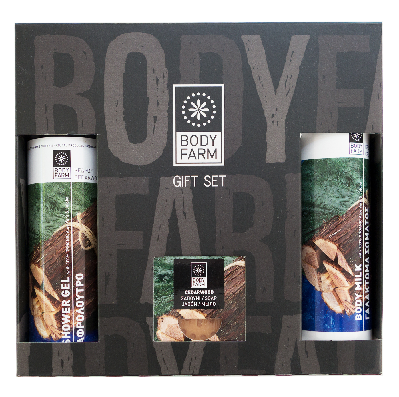 Dárkové balení sprchový gel, tělové mléko 2x250ml a mýdlo CEDR BODYFARM