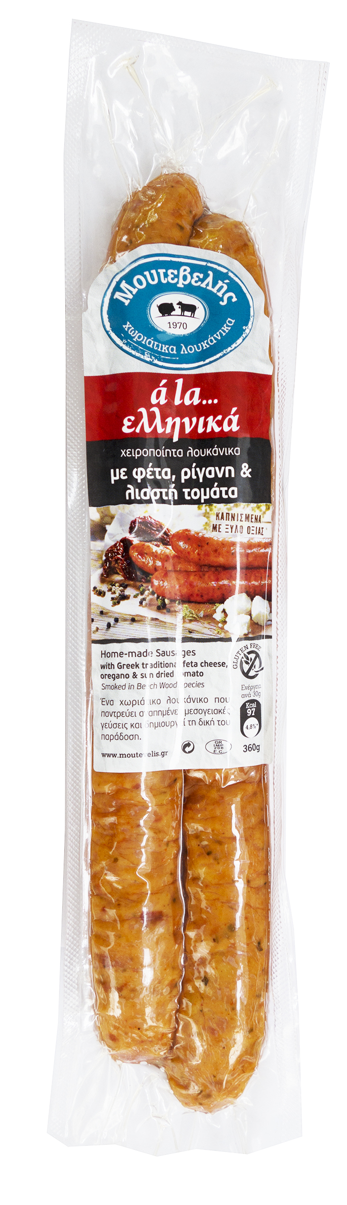 Klobásky s fetou, sušenými rajčátky a oregánem 360g MOUTEVELIS