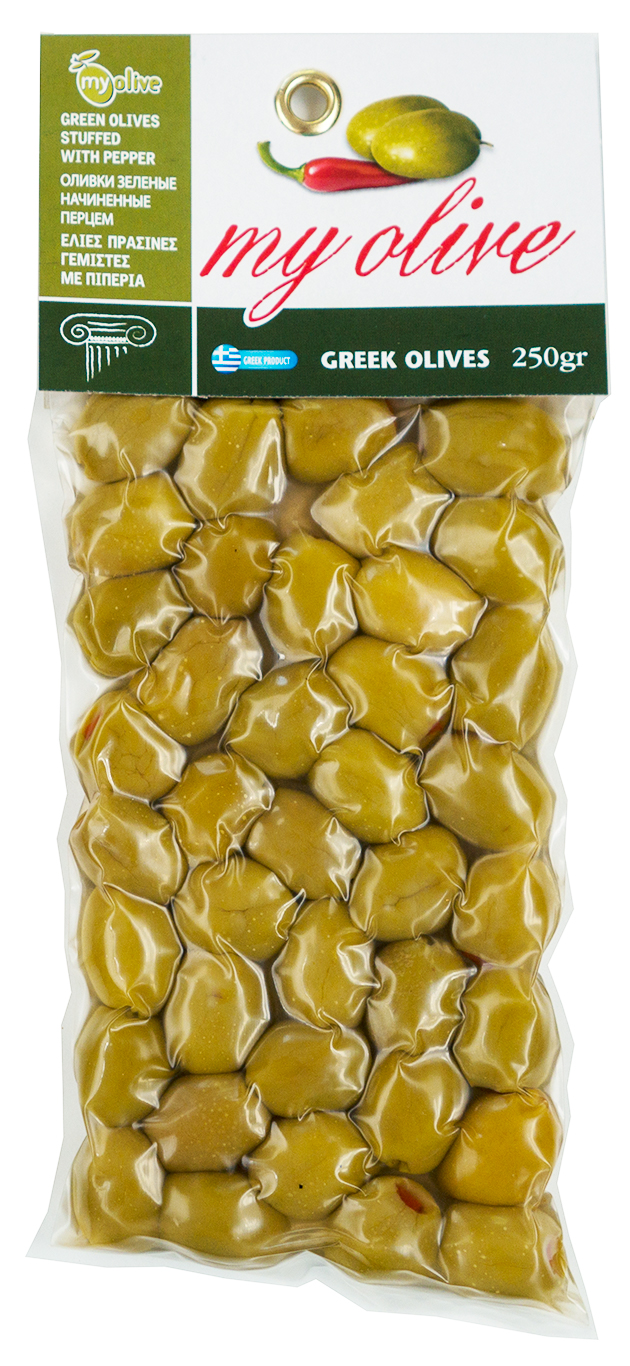 Zelené řecké olivy plněné paprikou 250g MY OLIVE