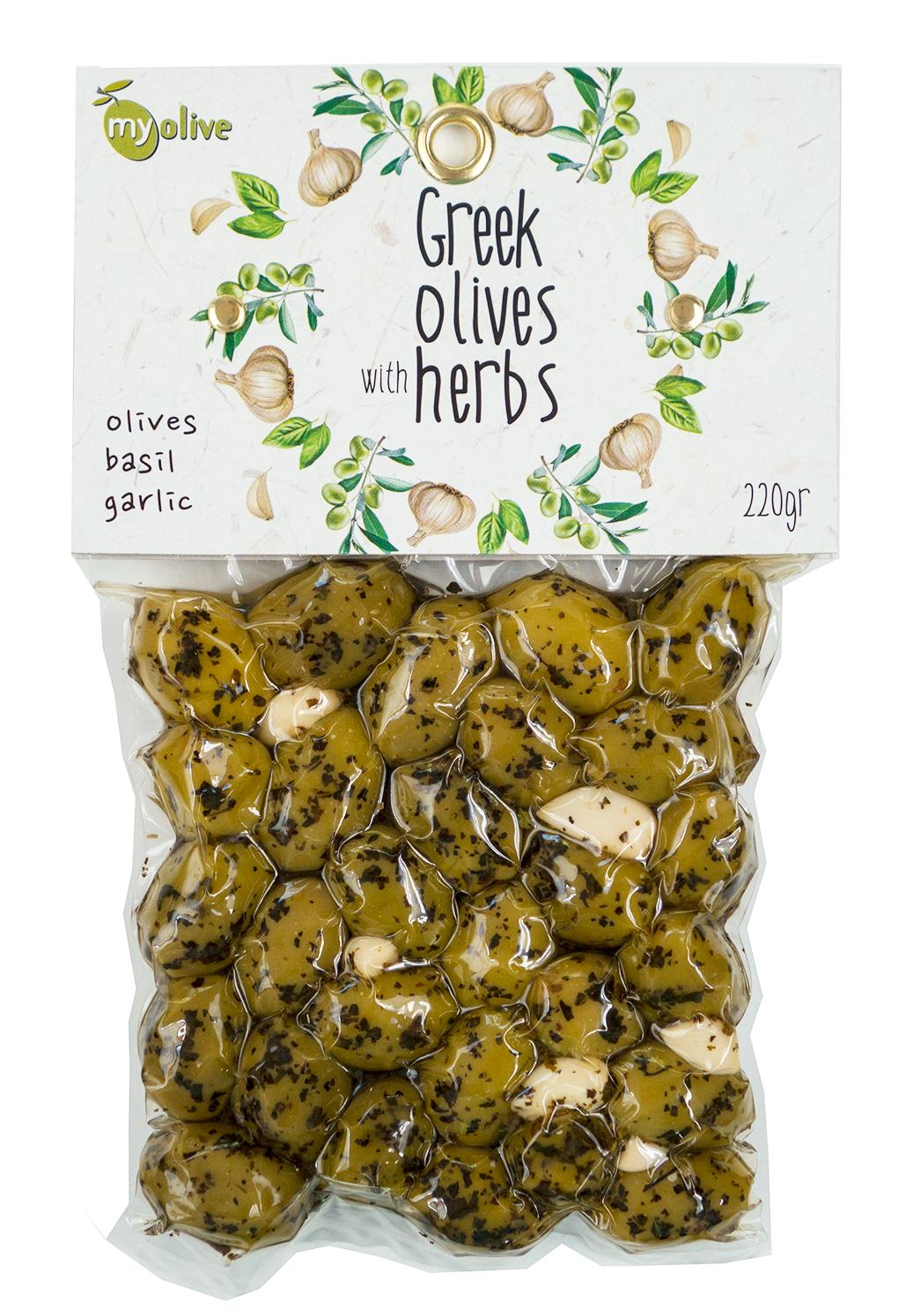 Zelené řecké olivy ochucené bazalkou a česnekem 220g MY OLIVE
