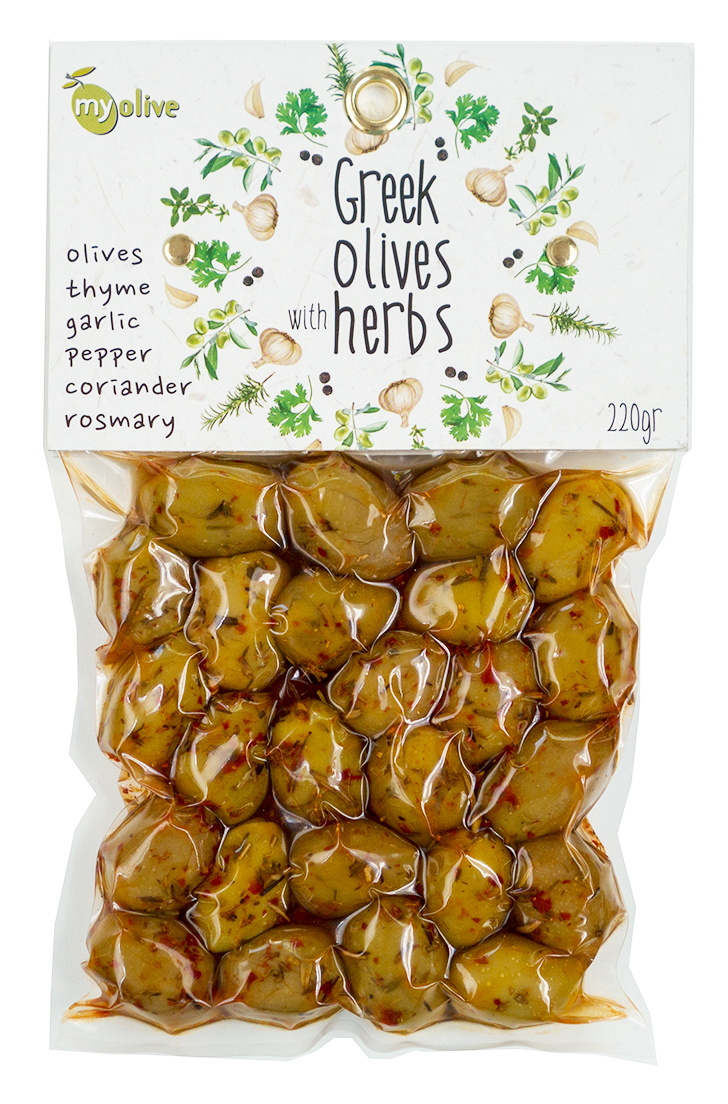 Zelené řecké olivy ochucené tymiánem, česnekem, paprikou, koriandrem a rozmarýnem 220g MY OLIVE