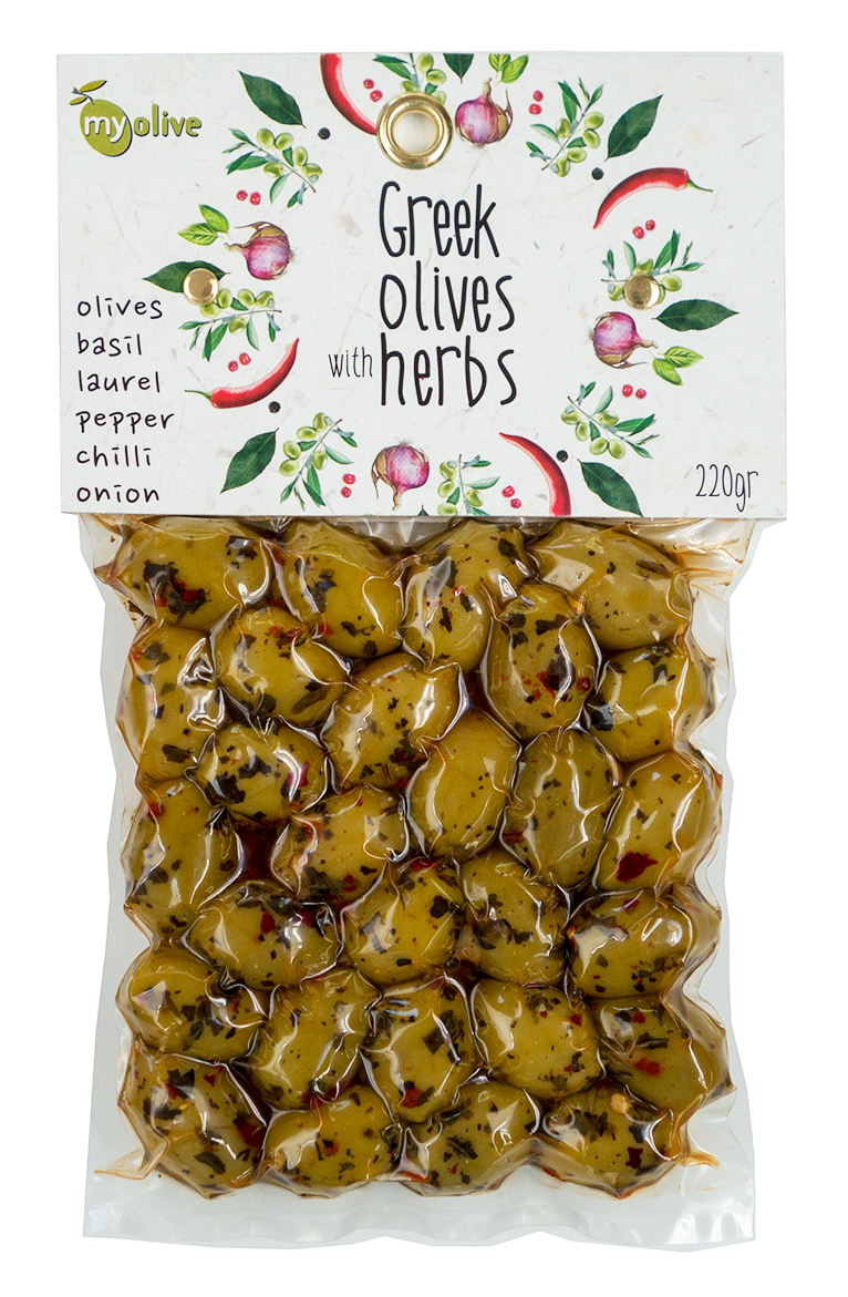 Zelené řecké olivy ochucené bazalkou, cibulkou, vavřínem, paprikou, chilli a kořením bukovo 220g MY OLIVE