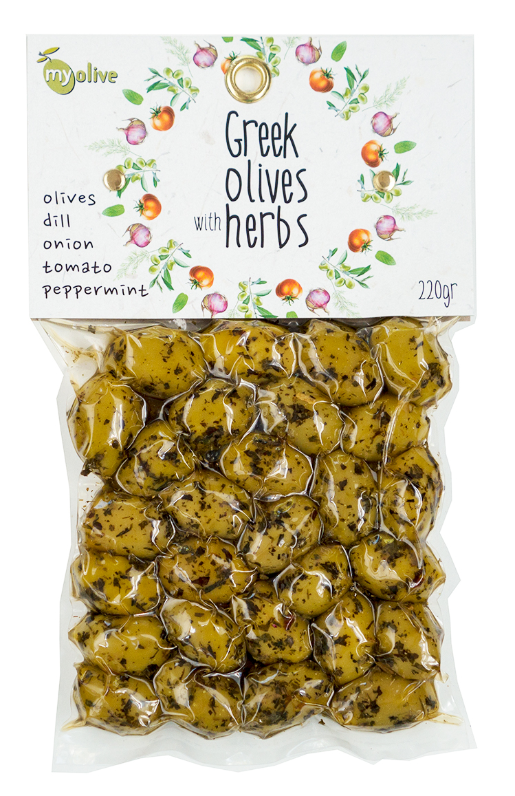Zelené řecké olivy ochucené koprem, cibulkou, rajčaty a mátou 220g MY OLIVE