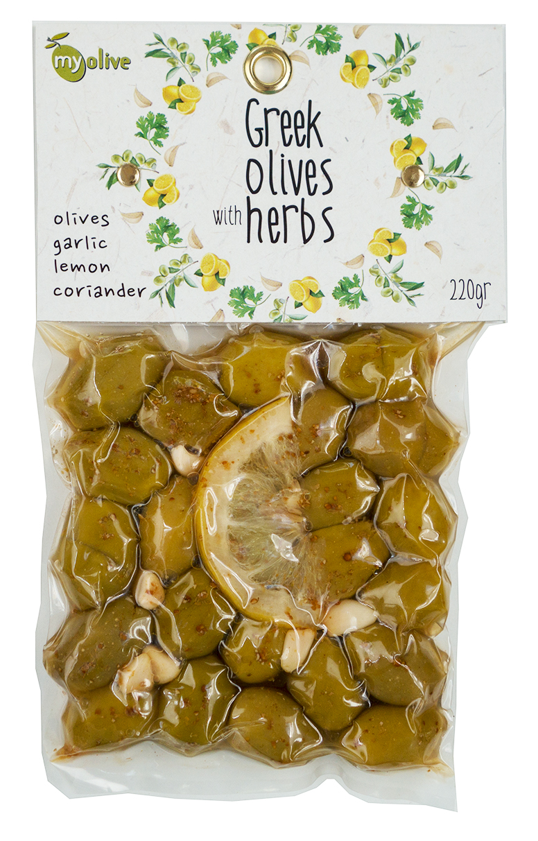 Zelené řecké olivy ochucené česnekem, citrónem a koriandrem 220g MY OLIVE