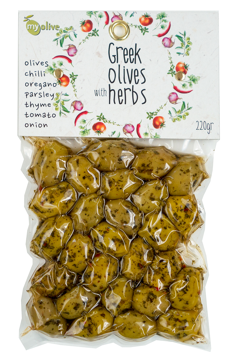 Zelené řecké olivy ochucené petrželkou, tymiánem, rajčaty, chilli a cibulkou 220g MY OLIVE