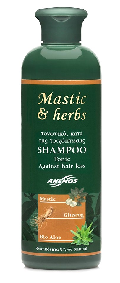 Přírodní šampón s mastichou, Aloe Vera, ženšenem a olivovým olejem na podporu růstu vlasů ANEMOS