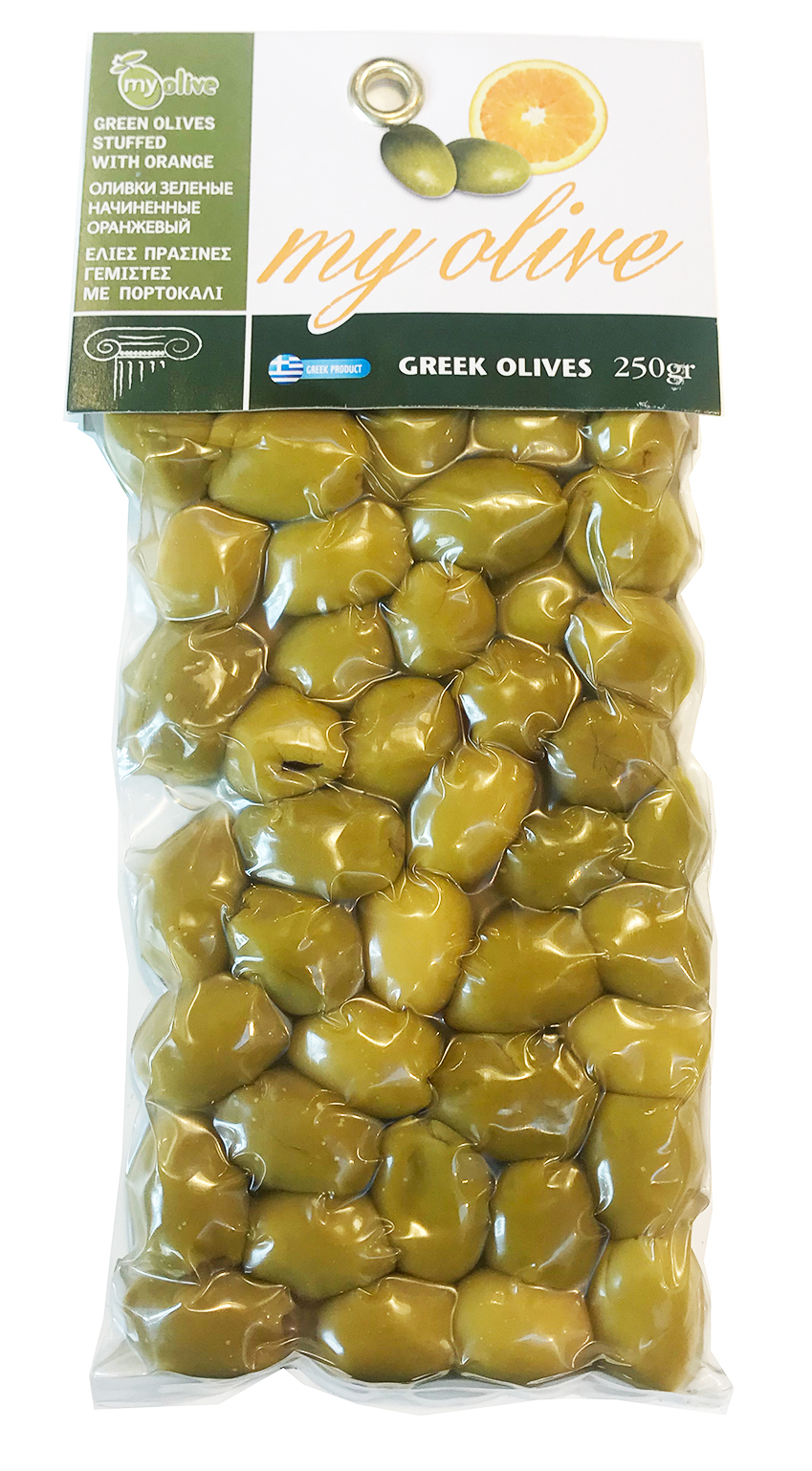 Zelené řecké olivy plněné pomerančem 250g MY OLIVE