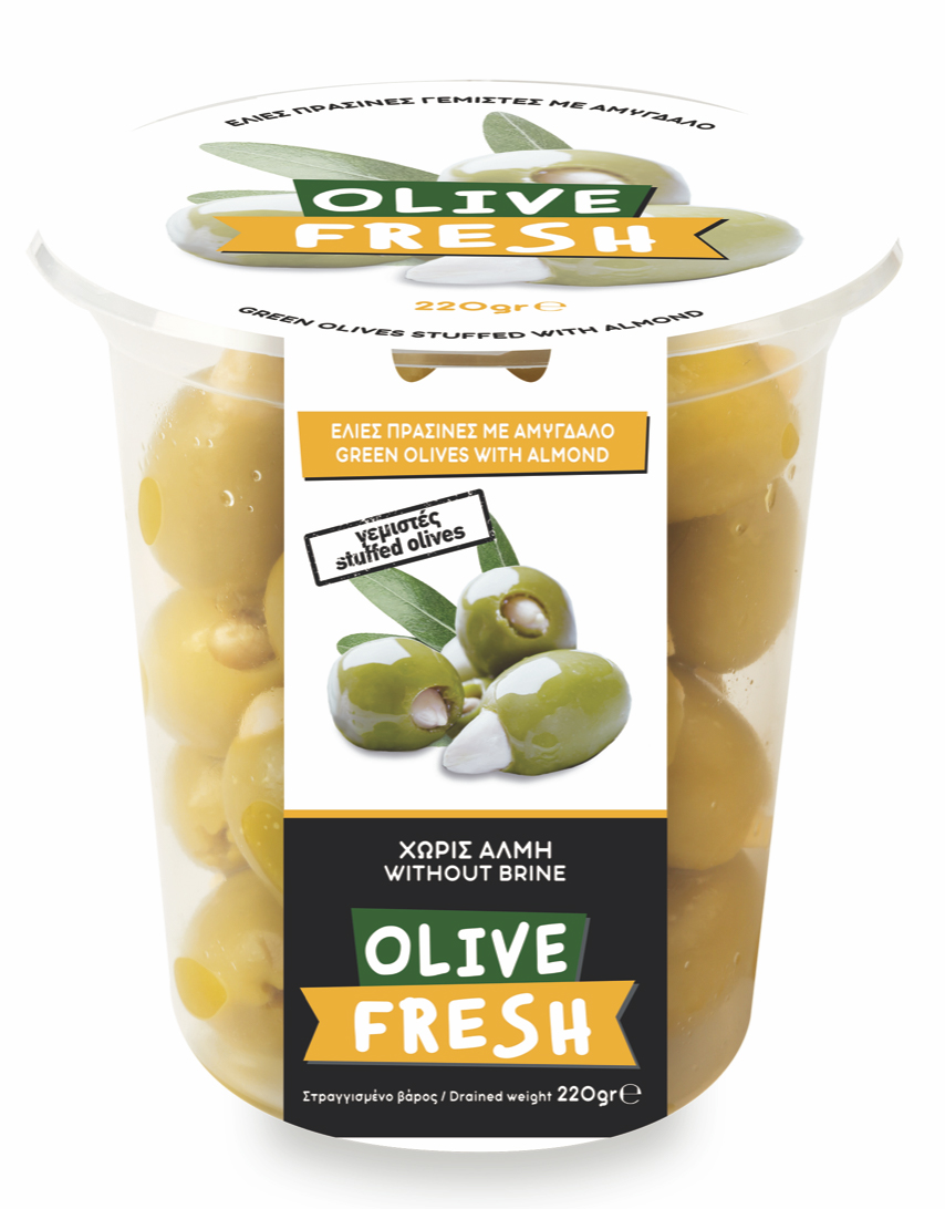 Zelené řecké olivy plněné mandlemi 220g OLIVE FRESH