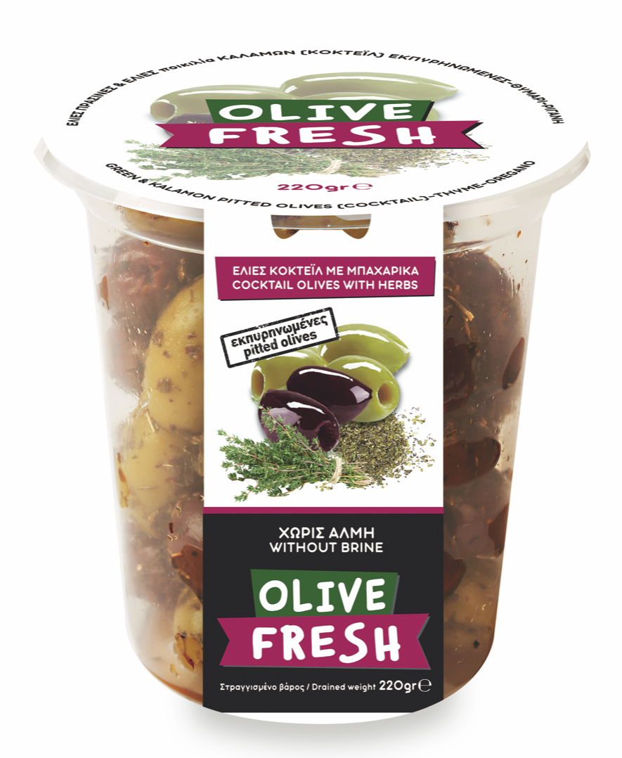 Řecký mix oliv s oreganem a tymiánem bez pecek 220g OLIVE FRESH
