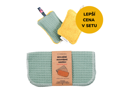 Zelená pratelná houbička a 3 ks hadříků