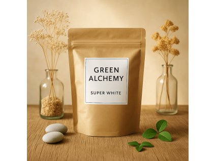 GreenAlchemy – sáček s bílým kratomem Super White na světlém dřevěném podkladu v boho stylu se sušenými květinami.