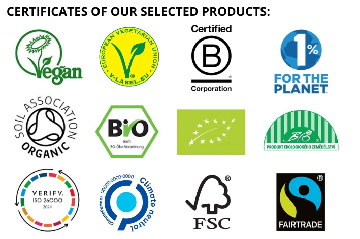 Certificates Green Heads | Vegan | Bio | Fairtrade | FSC | Soil Association Organic