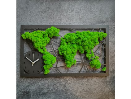 Mapa světa z mechu s hodinami – 55 cm x 32 cm