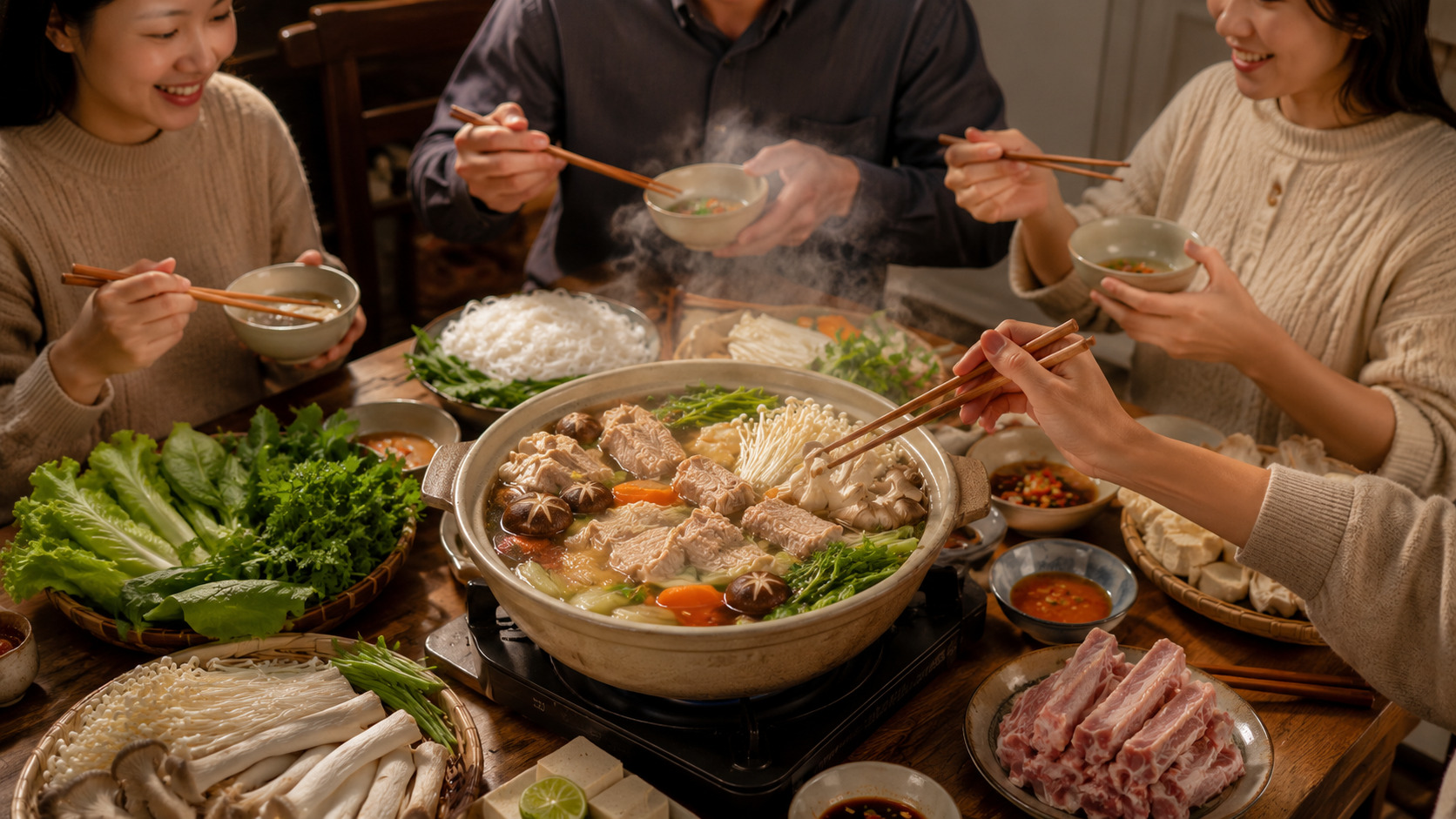 Recept na houbový hot pot s vepřovými chrupavkami: lehký vývar plný chuti z kostí