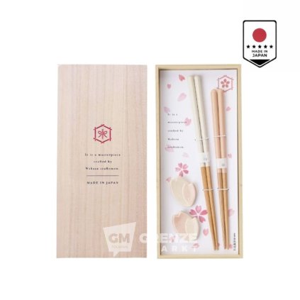 Sakura sada jídelních hůlek pro pár s podložkami v dřevěné krabičce z paulovnie