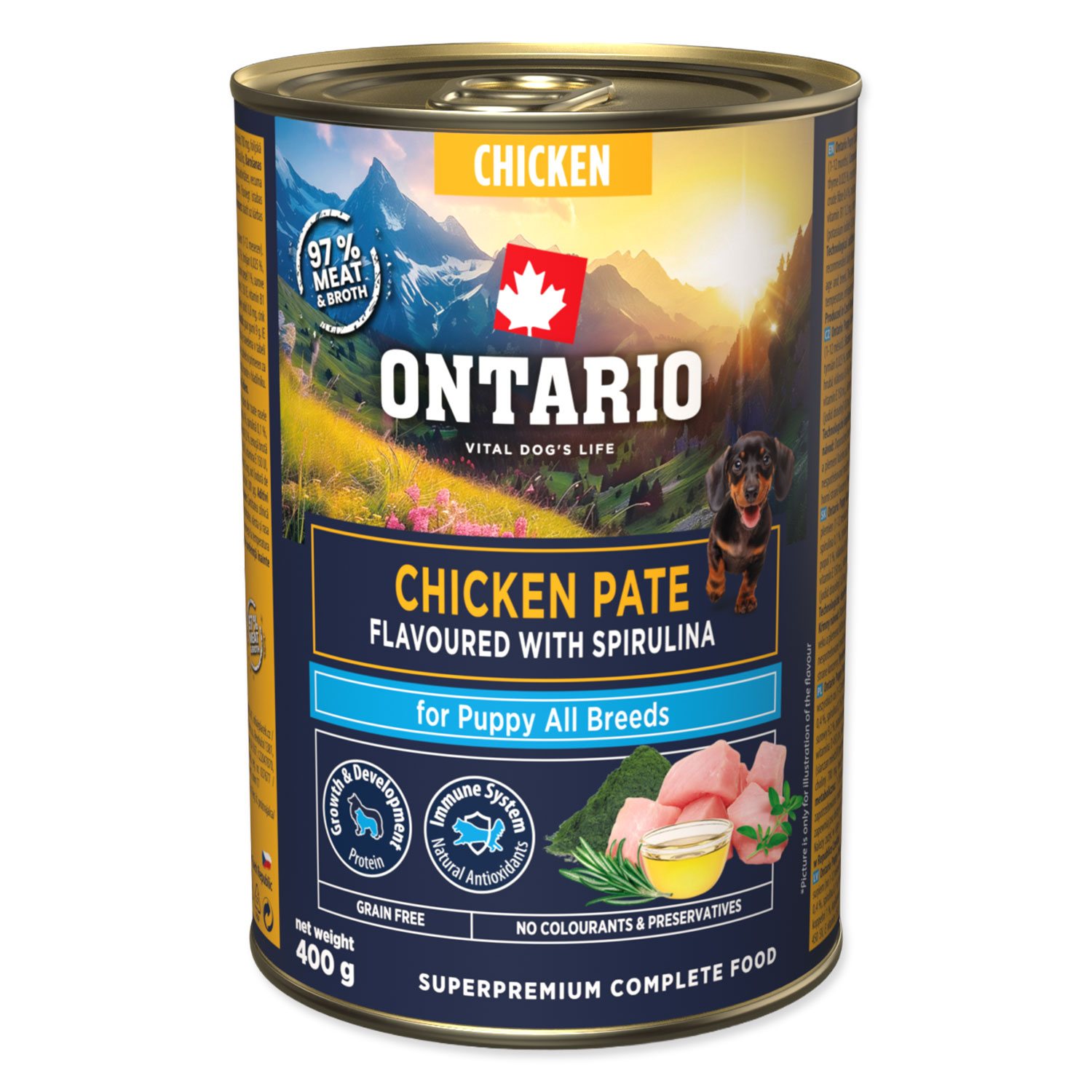 Konzerva Ontario Puppy kuřecí pate s příchutí spiruliny 400g