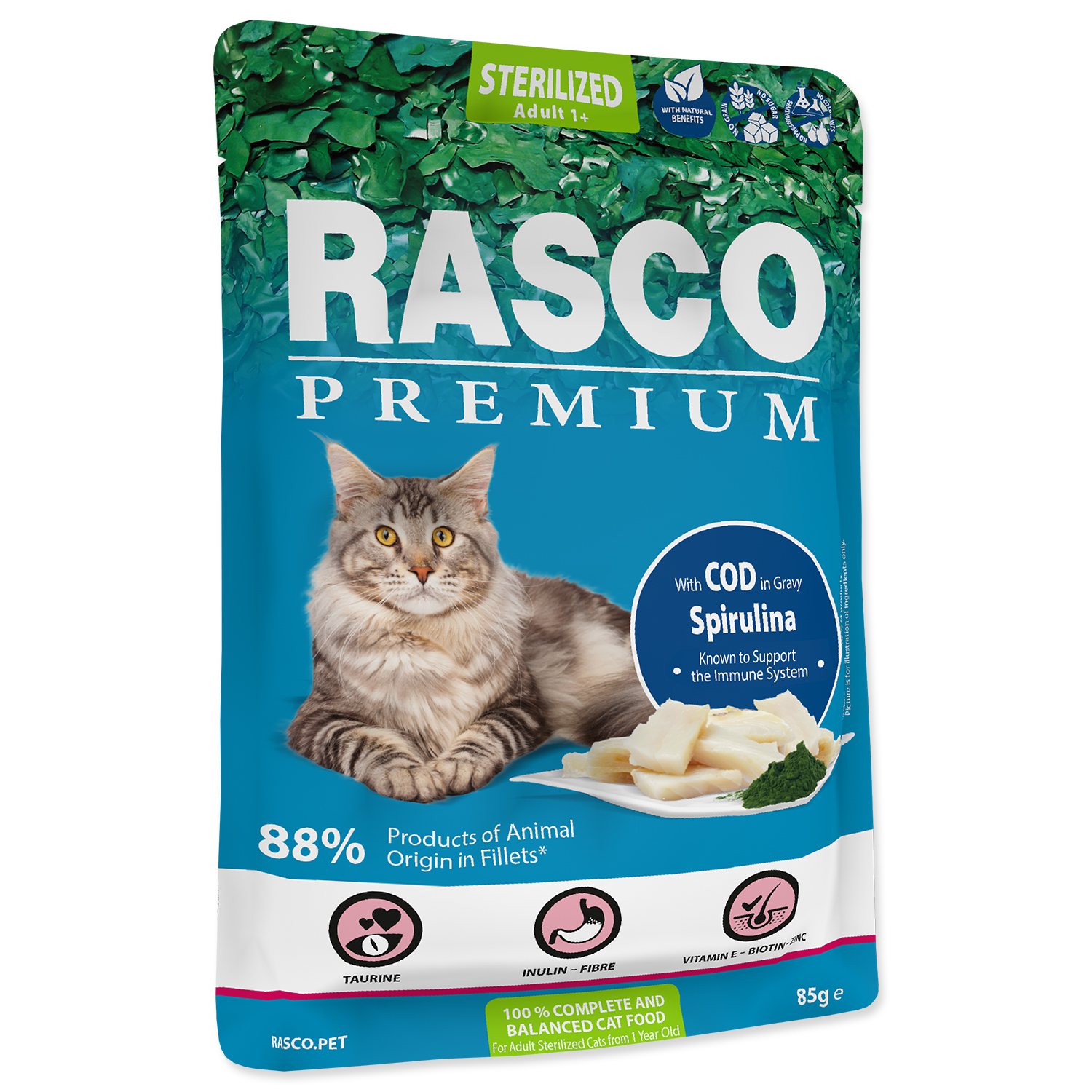 Kapsička Rasco Premium Sterilized treska se spirulinou 85g