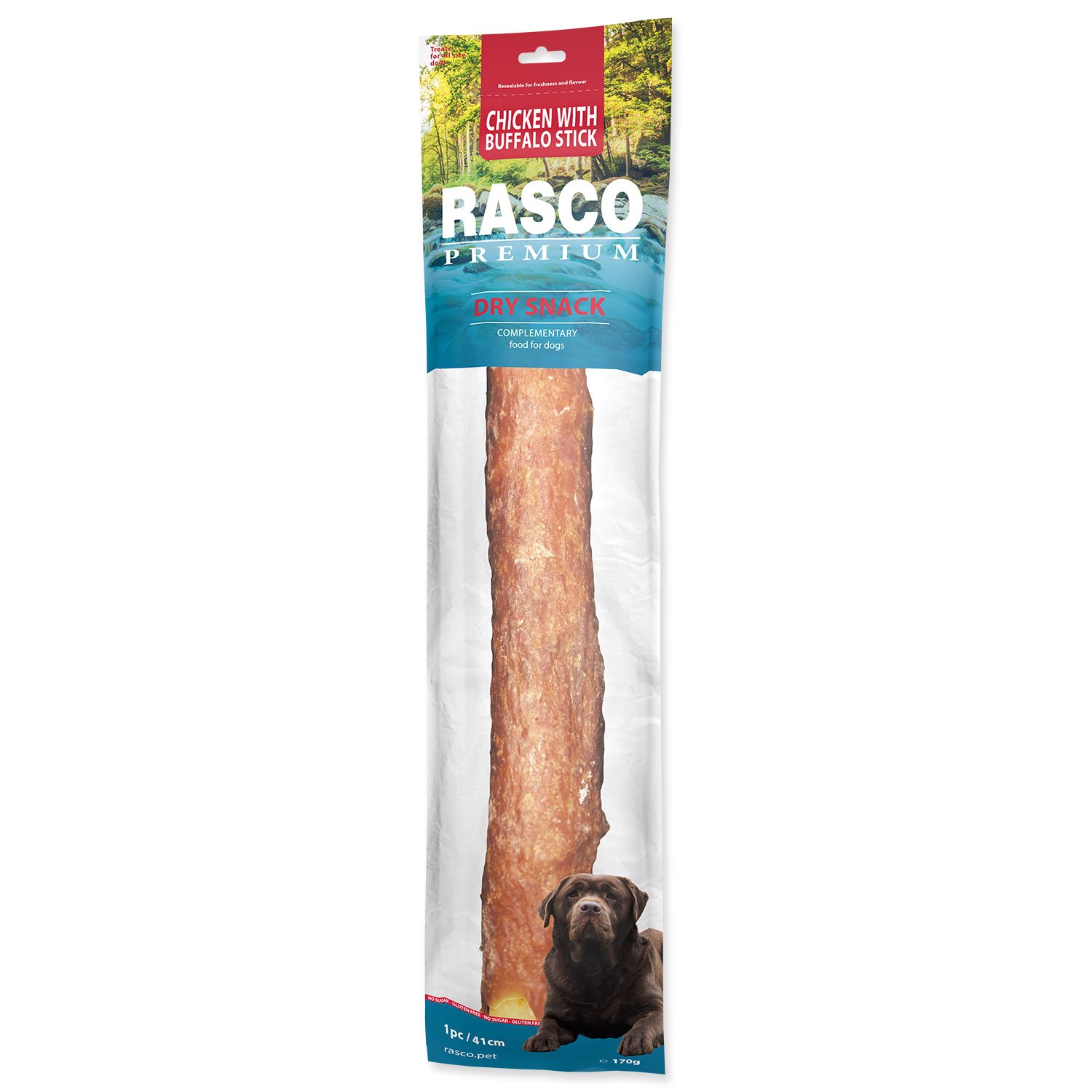 Pochoutka Rasco Premium buvolí kůže obalená kuřecím, tyčinky 41cm 170g