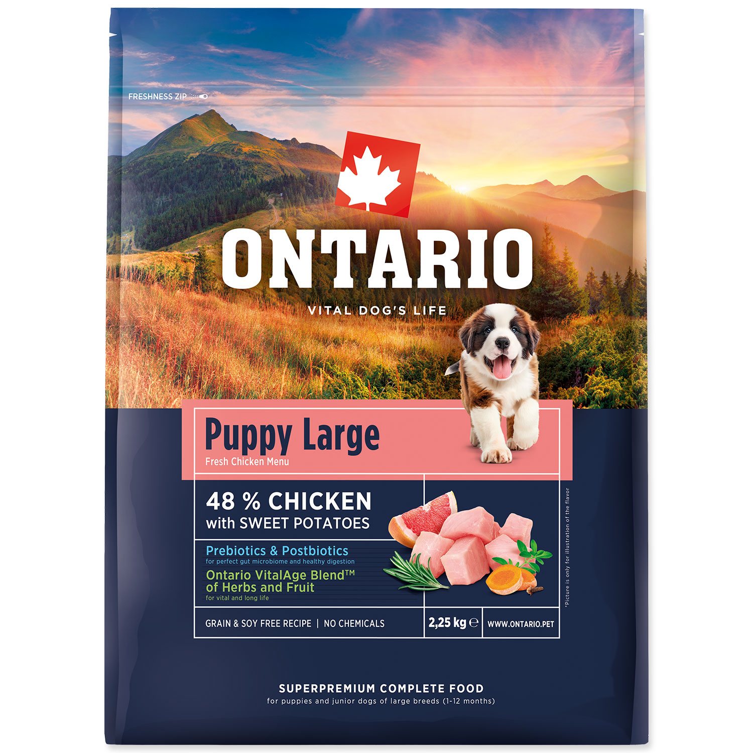 Krmivo Ontario Puppy & Junior Large Chicken & Sweet Potatoes 2,25kg