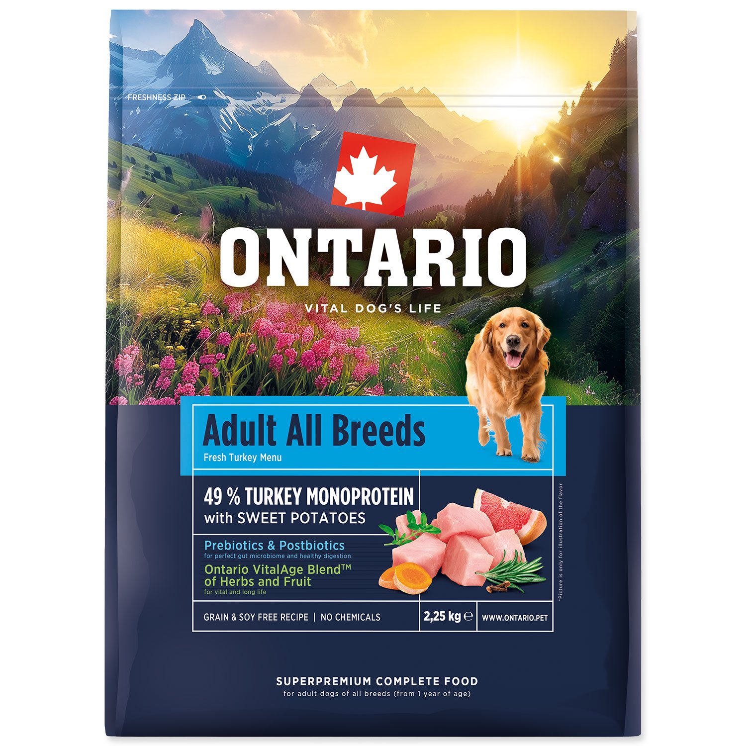 Krmivo Ontario Adult All Breeds Monoprotein Turkey & Sweet Potatoes 2,25kg