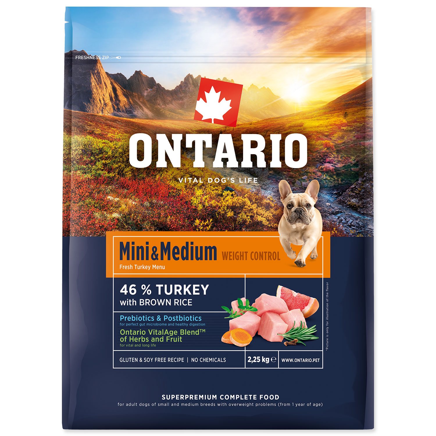 Krmivo Ontario Mini & Medium Weight Control Turkey & Brown Rice 2,25kg