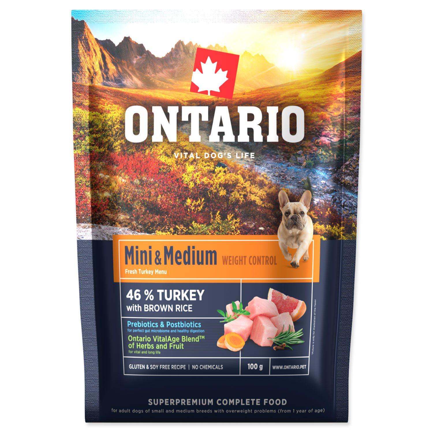 Vzorek Ontario Mini  & Medium Weight Control Turkey & Brown Rice 0,1kg