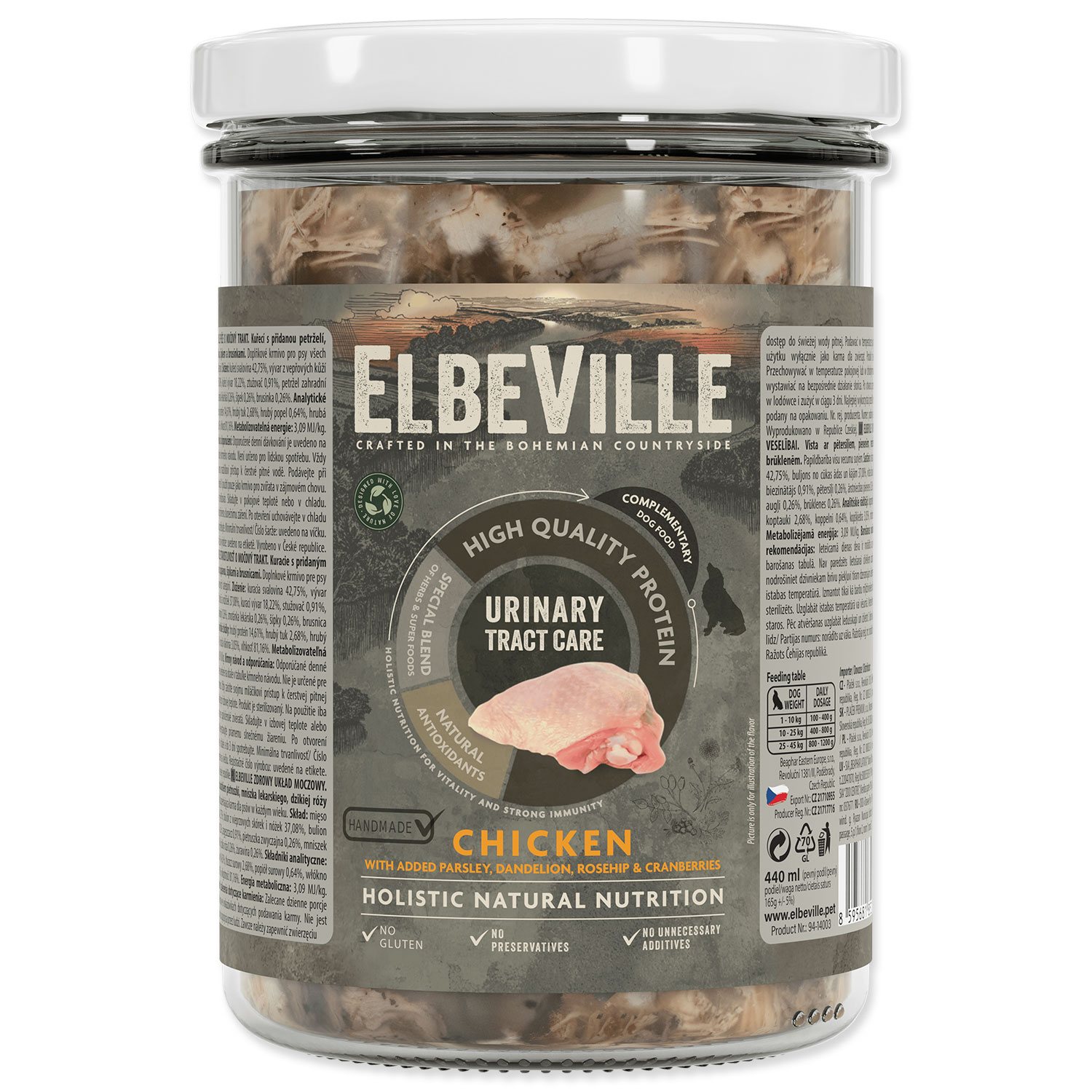 Sklenice Elbeville Dog Urinary Tract Care, kuřecí s přidanou petrželí, pampeliškou, šípkem 440ml