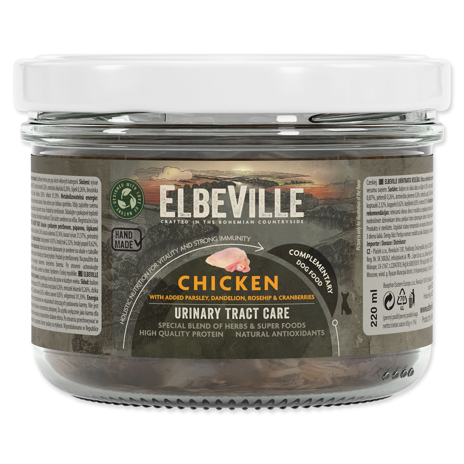 Sklenice Elbeville Dog Urinary Tract Care, kuřecí s přidanou petrželí, pampeliškou, šípkem 220ml