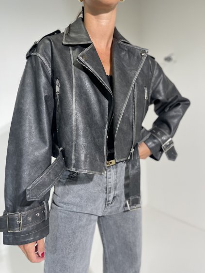 CROPPED KOŽENKOVÁ BIKER BUNDA  washed black
