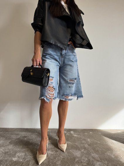 DENIM BERMUDY S TRHÁNÍM