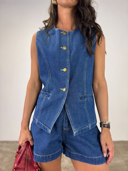 DENIM SET - VYPASOVANÁ VESTA + ŠORTKY