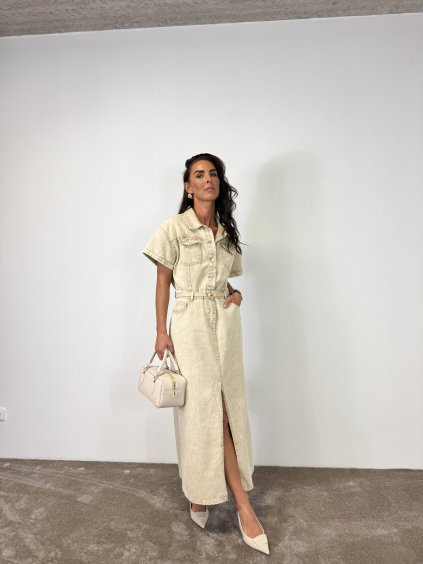 DENIM KOŠILOVÉ MAXI ŠATY beige