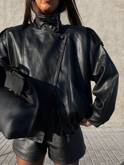 KOŽENKOVÝ BOMBER SE STOJÁČKEM NA KNOFLÍKY black