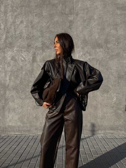 KOŽENKOVÝ BOMBER SE STOJÁČKEM NA KNOFLÍKY brown