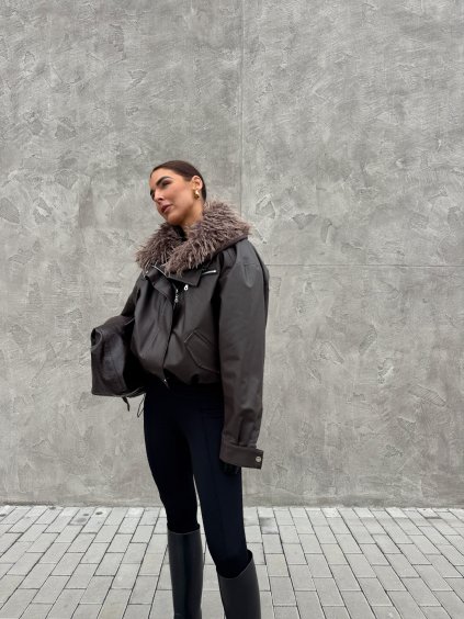 KOŽENKOVÁ BUNDA S KOŽÍŠKOVÝM LÍMCEM brown
