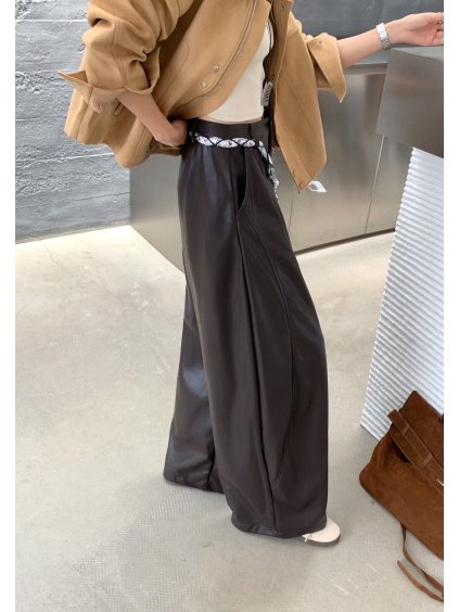 ŠIROKÉ KOŽENKOVÉ KALHOTY brown