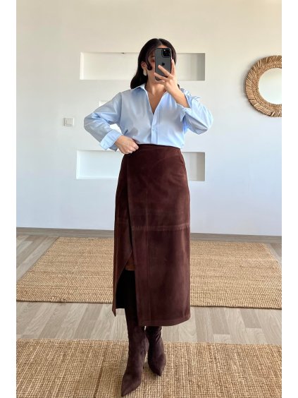 SEMIŠOVÁ MIDI SUKNĚ S ROZPARKEM brown
