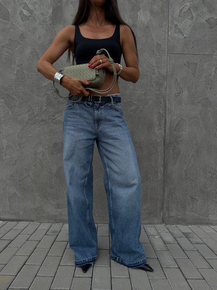 WIDE LEG DŽÍNY S OHNUTÝM PASEM blue